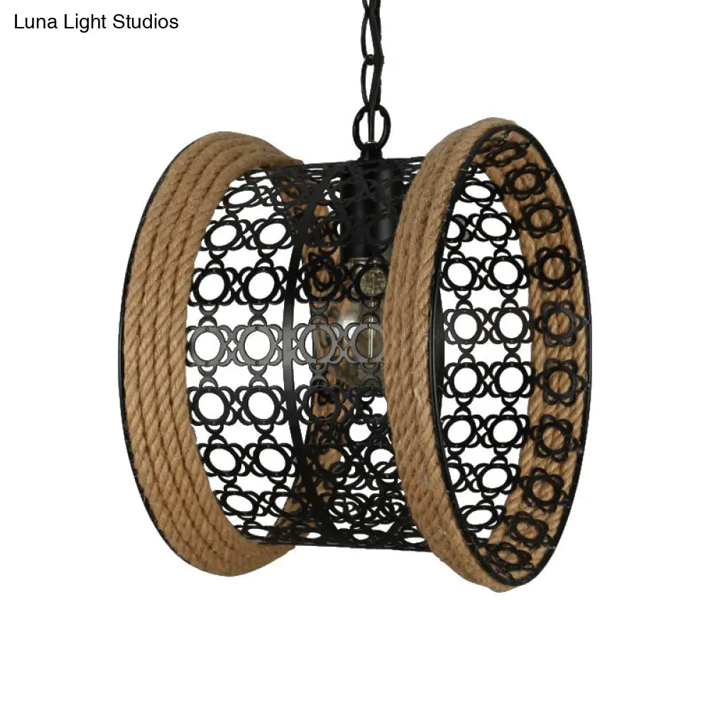 1-Light Indoor Black Mesh Drum Metal Shade Pendant Lamp With Rope Detail