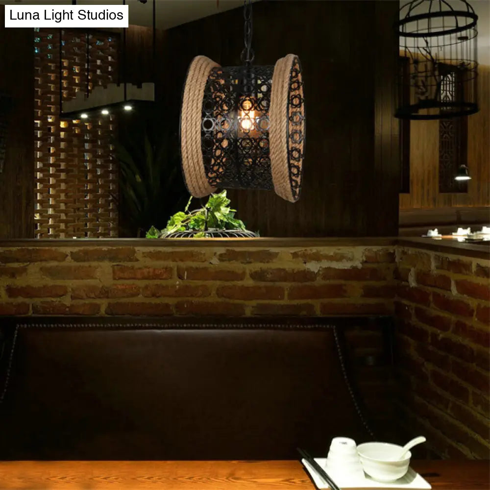 1-Light Indoor Black Mesh Drum Metal Shade Pendant Lamp With Rope Detail