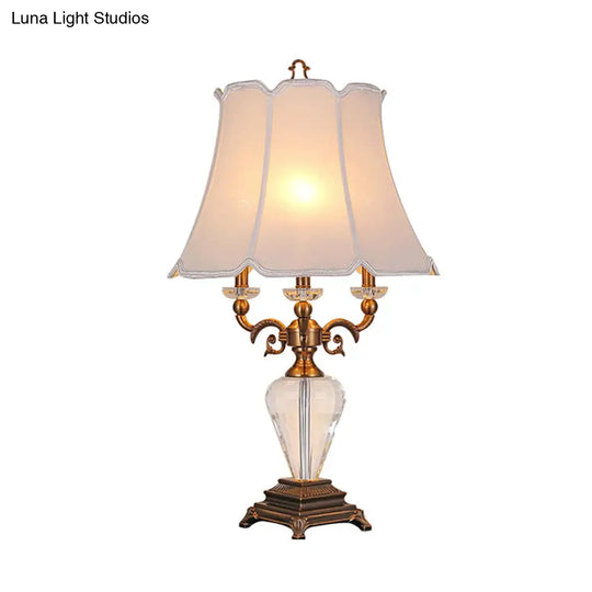 1-Light Lodge Paneled Bell Fabric Table Lamp In White/Beige With Crystal Accent For Bedroom