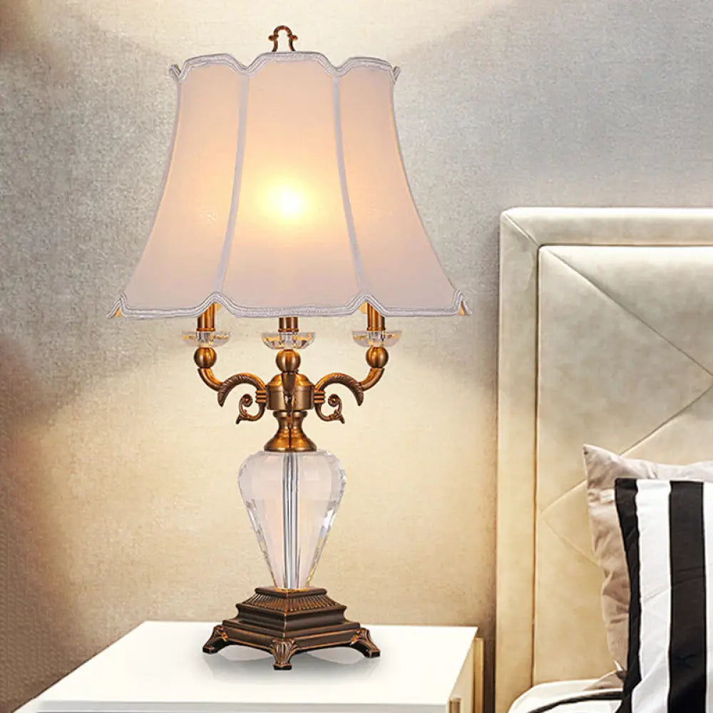 1-Light Lodge Paneled Bell Fabric Table Lamp In White/Beige With Crystal Accent For Bedroom White