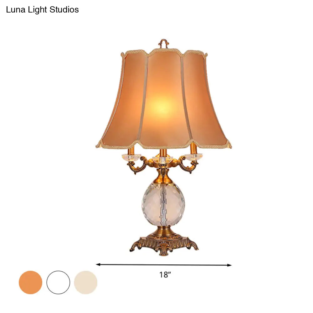 1-Light Lodge Paneled Bell Fabric Table Lamp In White/Beige With Crystal Accent For Bedroom