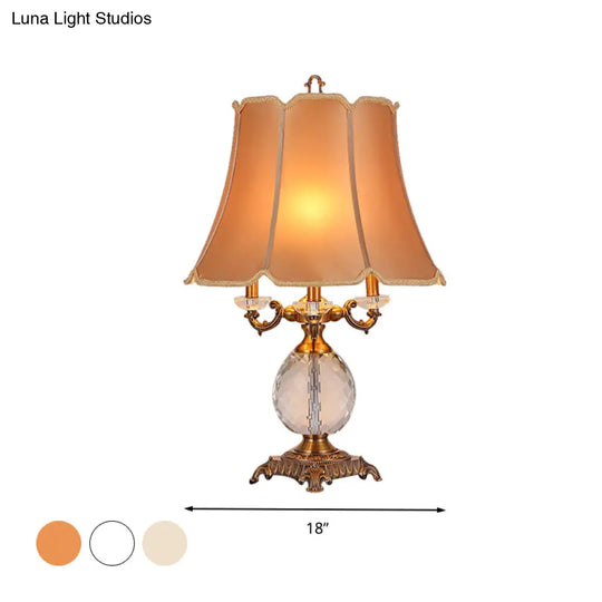 1-Light Lodge Paneled Bell Fabric Table Lamp In White/Beige With Crystal Accent For Bedroom