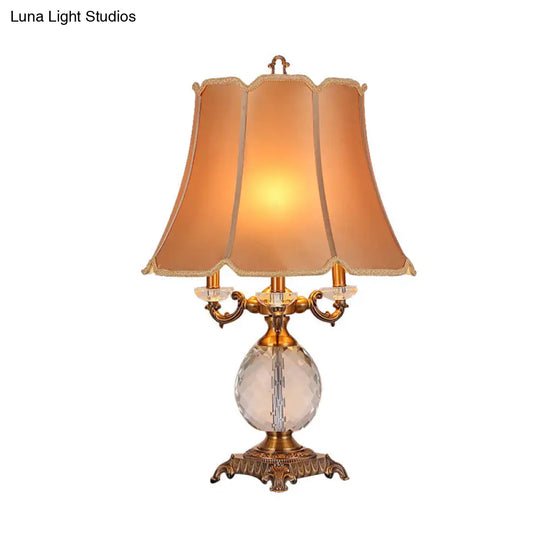 1-Light Lodge Paneled Bell Fabric Table Lamp In White/Beige With Crystal Accent For Bedroom