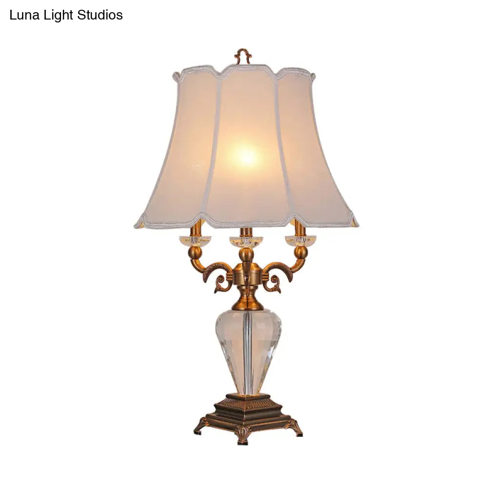 1-Light Lodge Paneled Bell Fabric Table Lamp In White/Beige With Crystal Accent For Bedroom