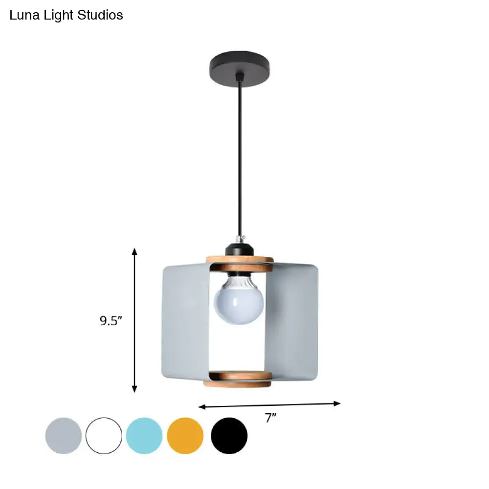 1-Light Macaron Yellow/Blue/White And Wood Pendant With Square Iron Frame - Bedroom Pendulum Light