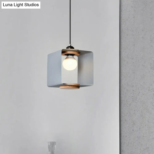 1-Light Macaron Yellow/Blue/White And Wood Pendant With Square Iron Frame - Bedroom Pendulum Light