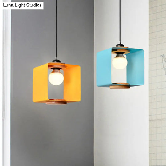 1-Light Macaron Yellow/Blue/White And Wood Pendant With Square Iron Frame - Bedroom Pendulum Light