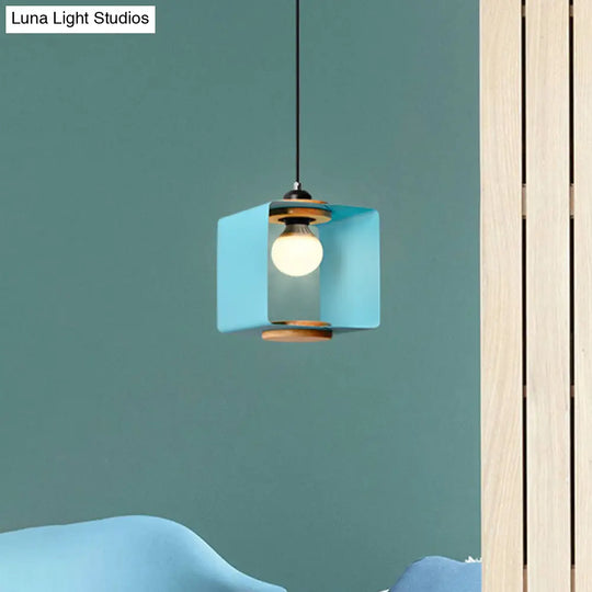 1-Light Macaron Yellow/Blue/White And Wood Pendant With Square Iron Frame - Bedroom Pendulum Light