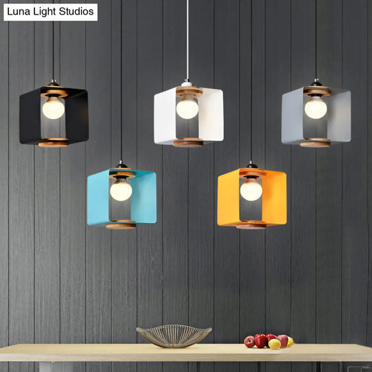 1-Light Macaron Yellow/Blue/White And Wood Pendant With Square Iron Frame - Bedroom Pendulum Light