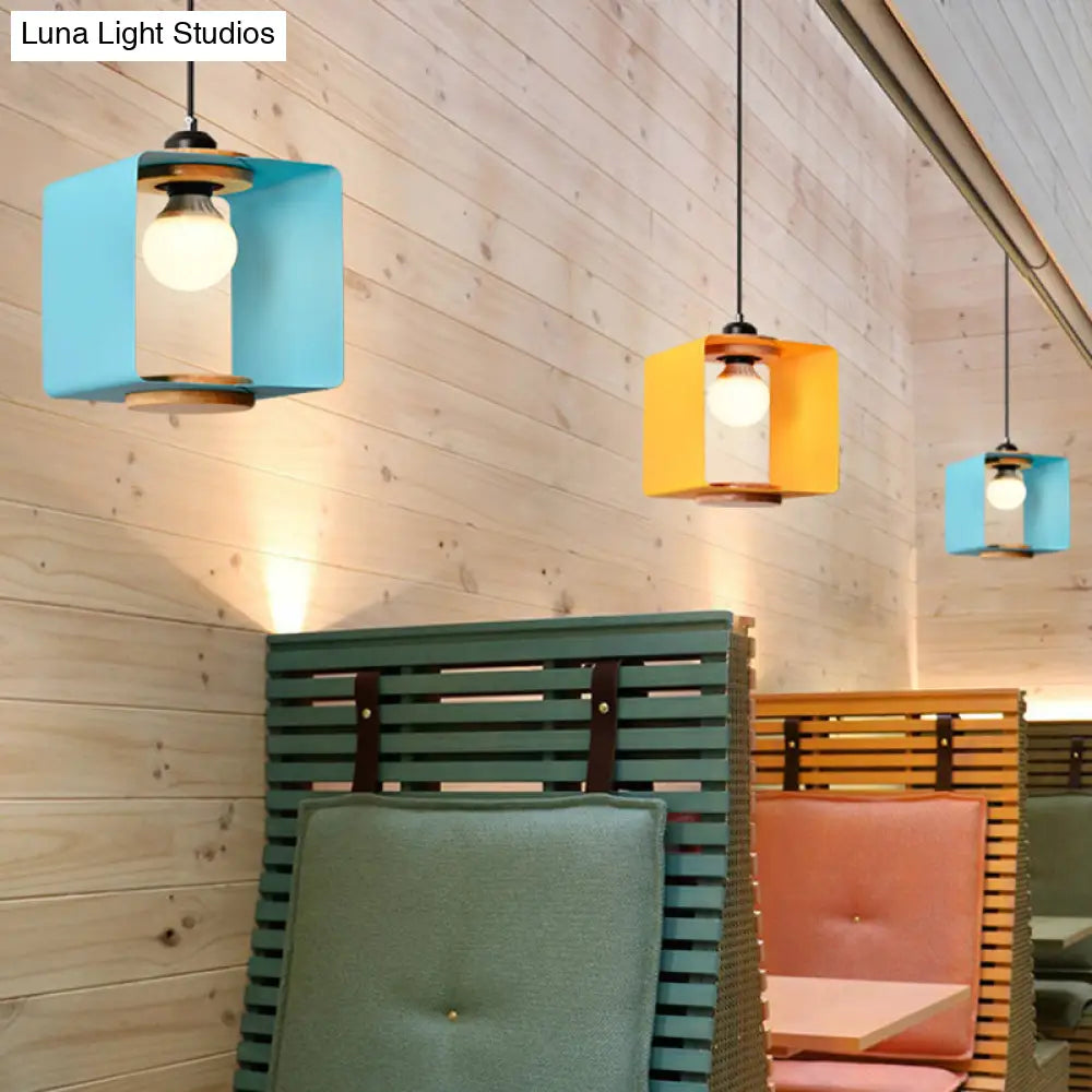 1-Light Macaron Yellow/Blue/White And Wood Pendant With Square Iron Frame - Bedroom Pendulum Light