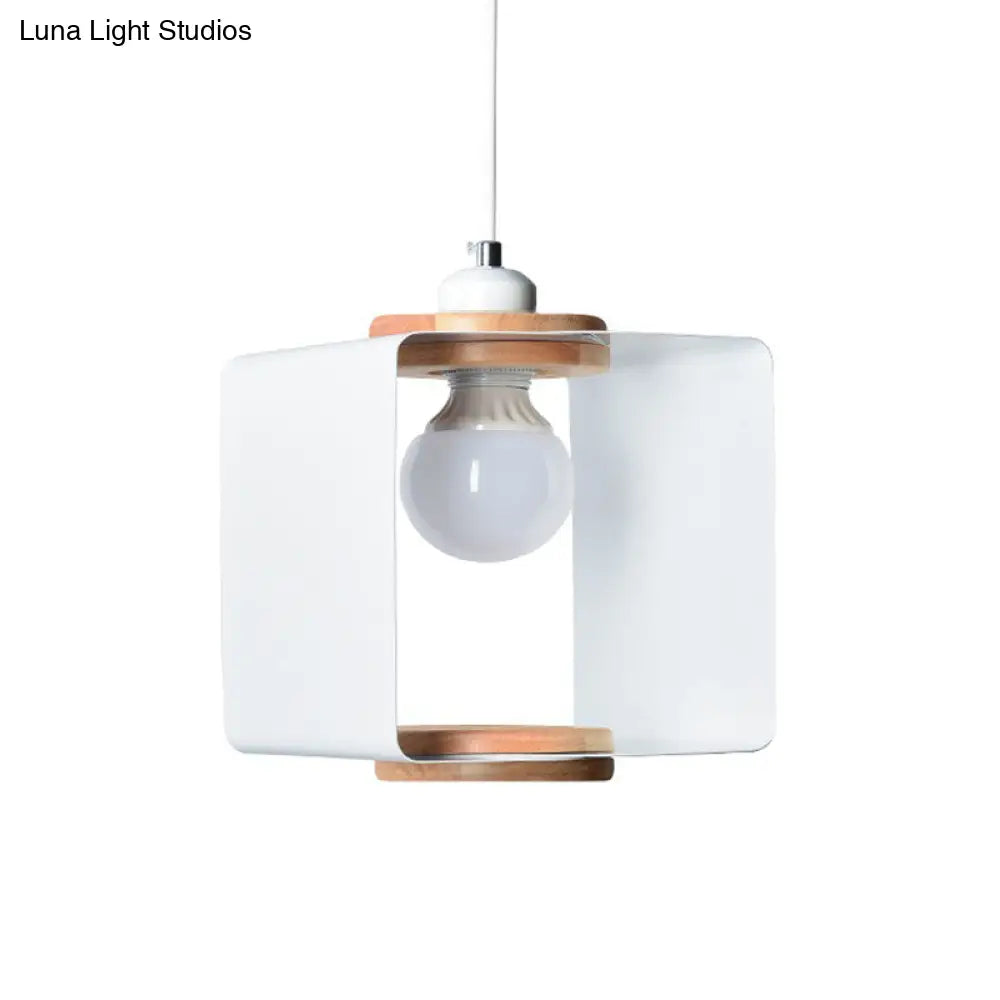 1-Light Macaron Yellow/Blue/White And Wood Pendant With Square Iron Frame - Bedroom Pendulum Light