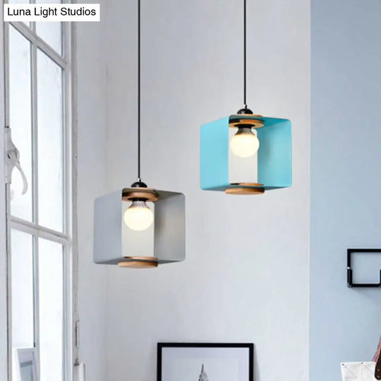 1-Light Macaron Yellow/Blue/White And Wood Pendant With Square Iron Frame - Bedroom Pendulum Light