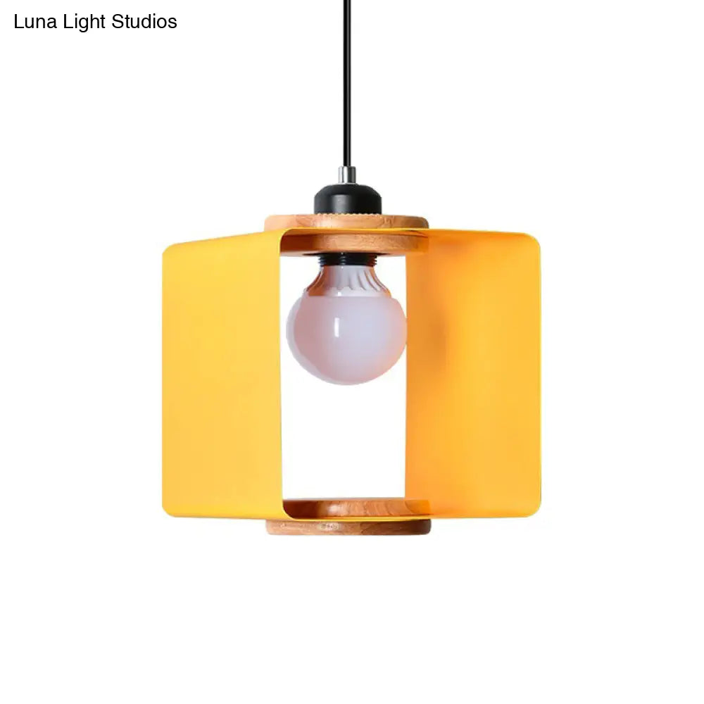 1-Light Macaron Yellow/Blue/White And Wood Pendant With Square Iron Frame - Bedroom Pendulum Light