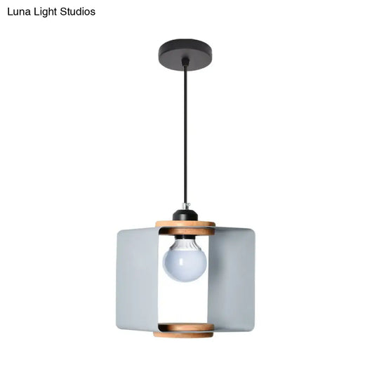 1-Light Macaron Yellow/Blue/White And Wood Pendant With Square Iron Frame - Bedroom Pendulum Light