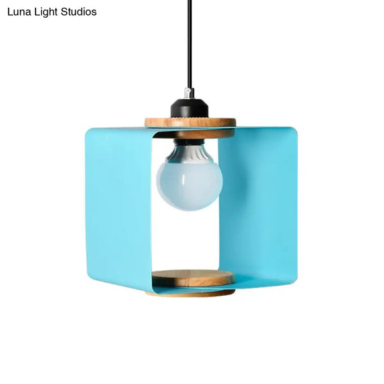 1-Light Macaron Yellow/Blue/White And Wood Pendant With Square Iron Frame - Bedroom Pendulum Light