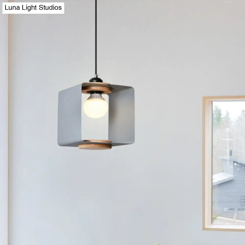 1-Light Macaron Yellow/Blue/White And Wood Pendant With Square Iron Frame - Bedroom Pendulum Light