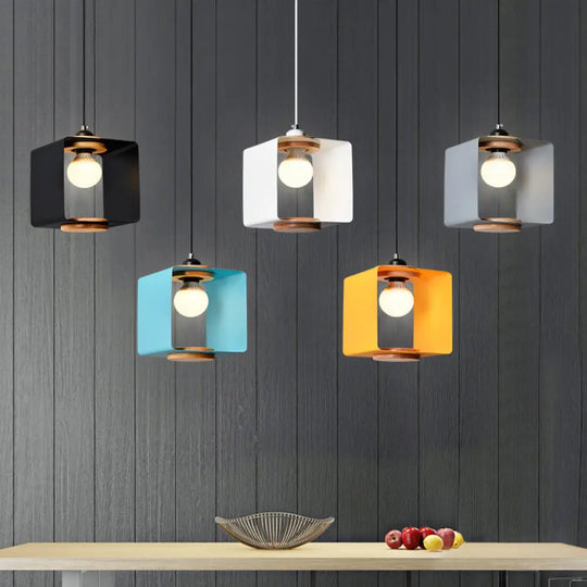 1-Light Macaron Yellow/Blue/White And Wood Pendant With Square Iron Frame - Bedroom Pendulum Light