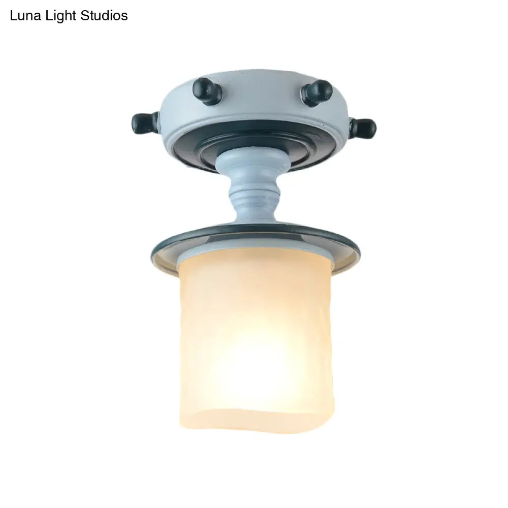 1-Light Mediterranean Blue Corridor Semi-Flush Mount With Opal Glass Shade