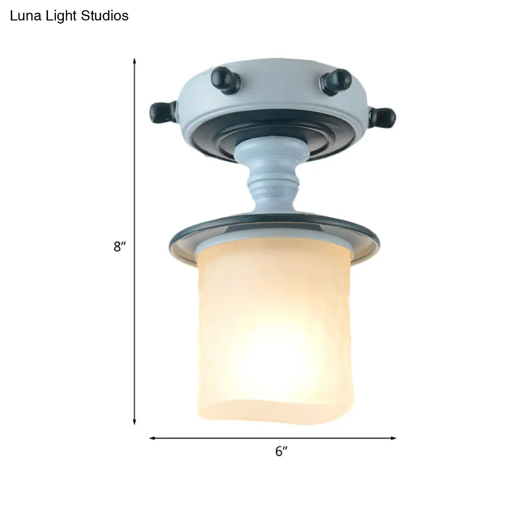 Mediterranean Blue 1-Light Semi-Flush Mount With Opal Glass Shade - Ideal For Corridors