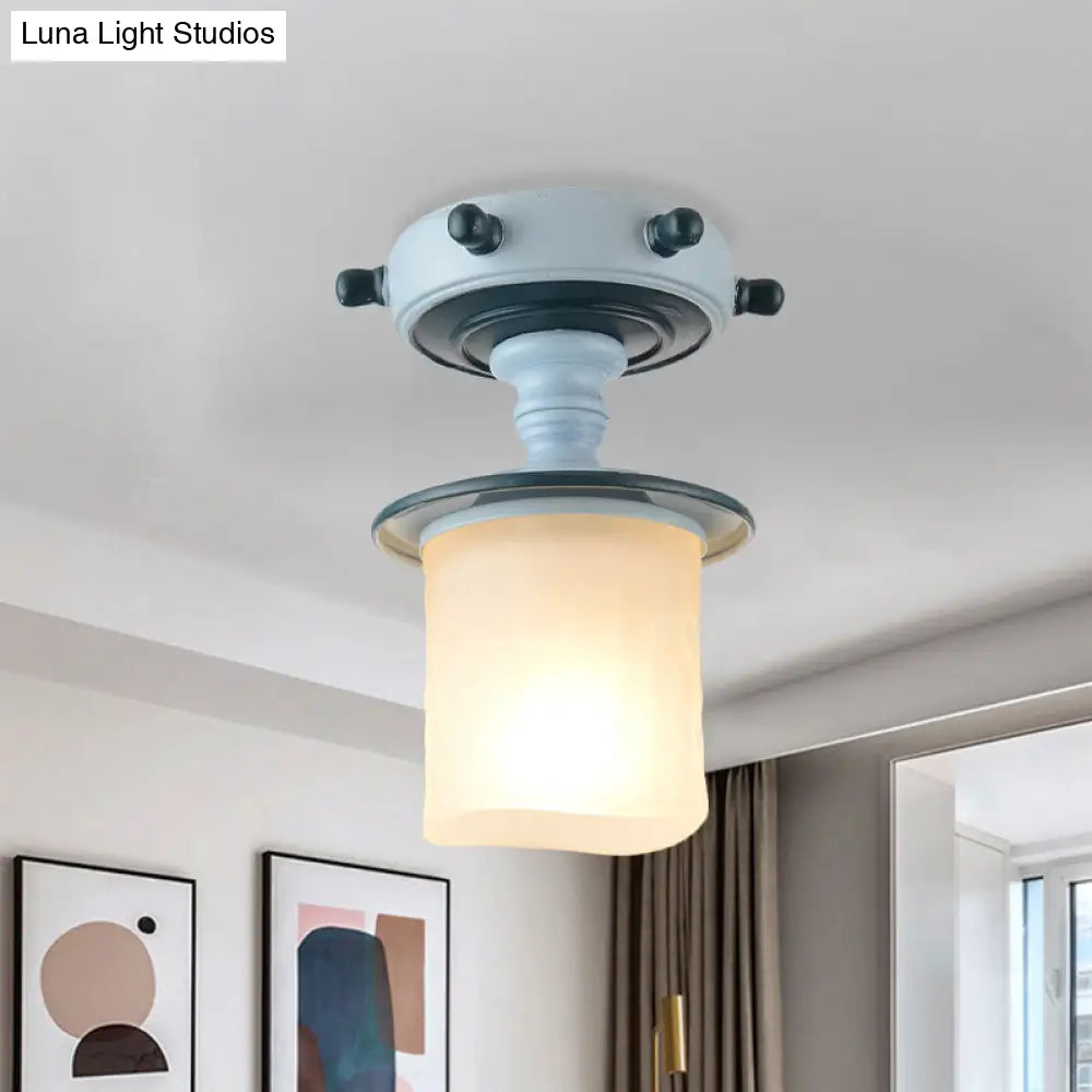 Mediterranean Blue 1-Light Semi-Flush Mount With Opal Glass Shade - Ideal For Corridors