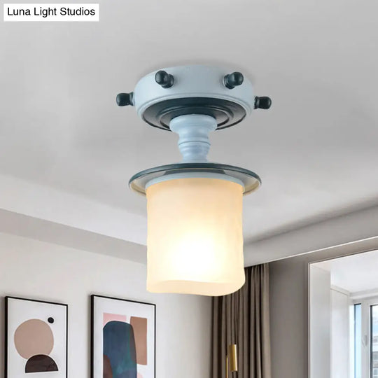 Mediterranean Blue 1-Light Semi-Flush Mount With Opal Glass Shade - Ideal For Corridors