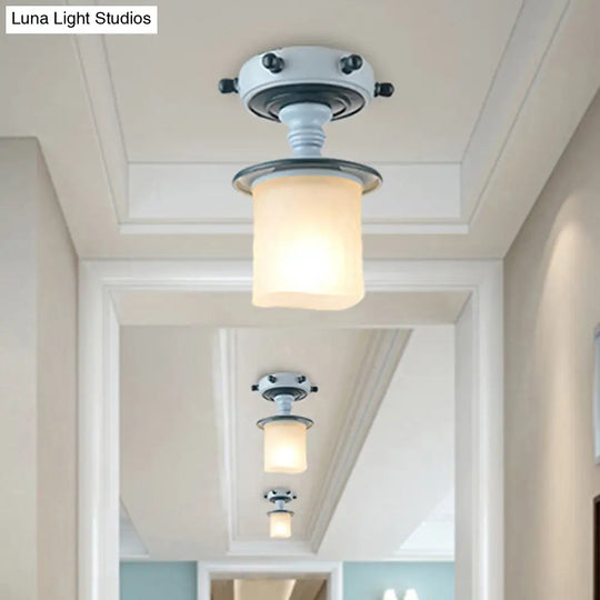 Mediterranean Blue 1-Light Semi-Flush Mount With Opal Glass Shade - Ideal For Corridors