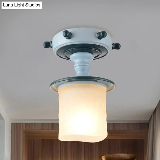 Mediterranean Blue 1-Light Semi-Flush Mount With Opal Glass Shade - Ideal For Corridors