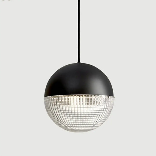 1-Light Metal Pendant Lamp With Mid-Century Modern Spherical Prismatic Glass Black / 10’