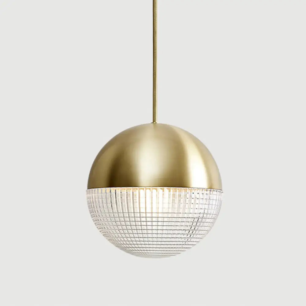 1-Light Metal Pendant Lamp With Mid-Century Modern Spherical Prismatic Glass Gold / 10’