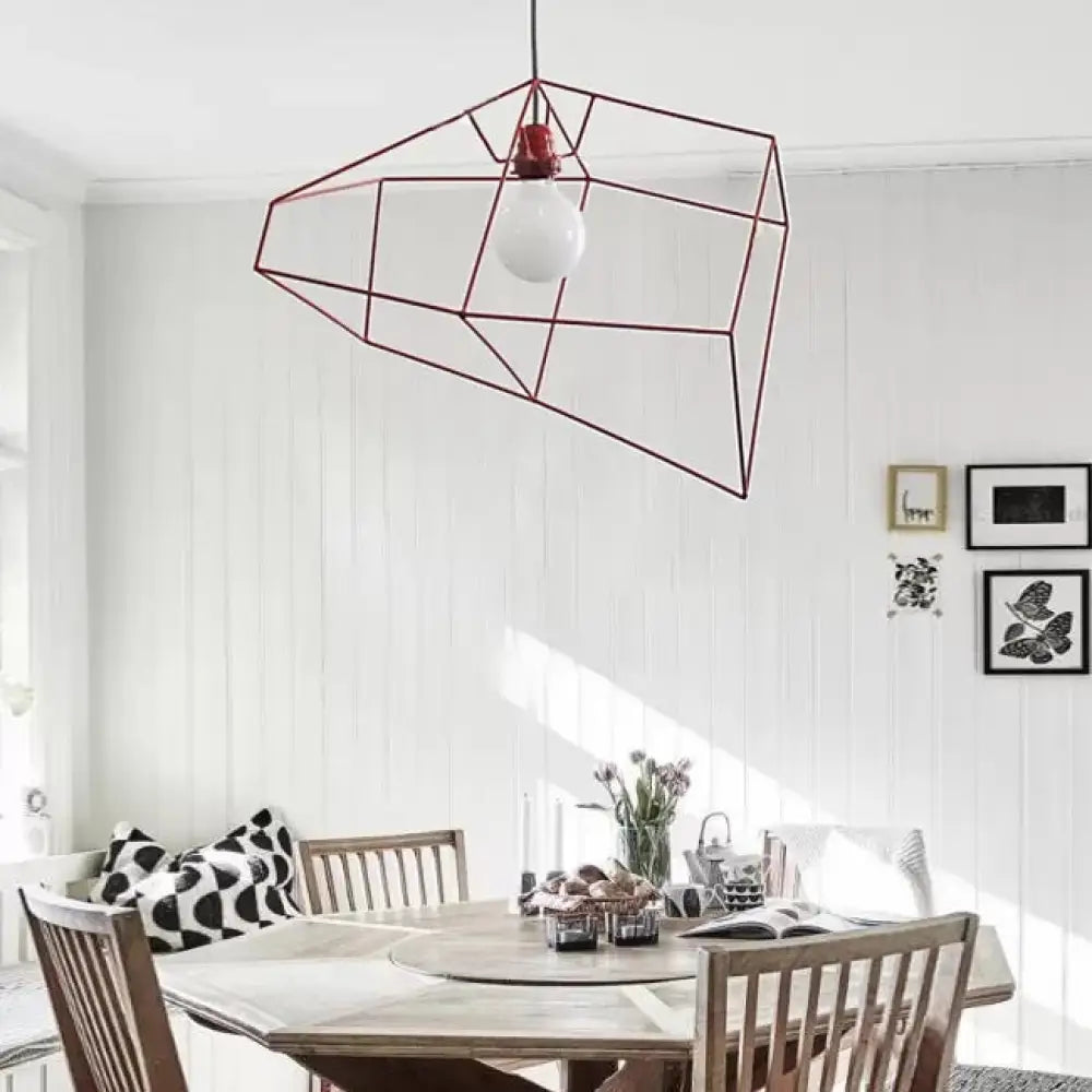 1-Light Metal Suspension Pendant With Abstract Red/Yellow/Black Shade - Sleek And Simple Ceiling