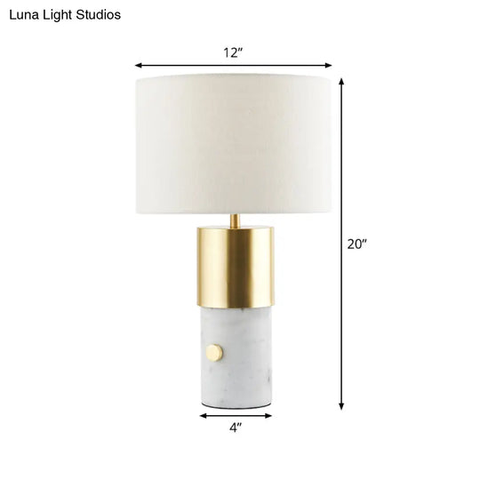 1-Light Nordic Night Lamp With White Marble Column - Drum Fabric Shade For Bedroom Lighting