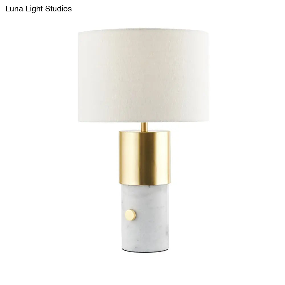 1-Light Nordic Night Lamp With White Marble Column - Drum Fabric Shade For Bedroom Lighting