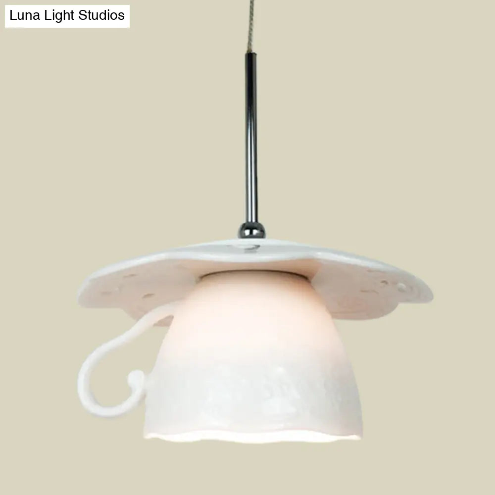 Nordic White Led Ceiling Pendant Light For Restaurants - 1-Light With Coffee Cup Ceramics Shade