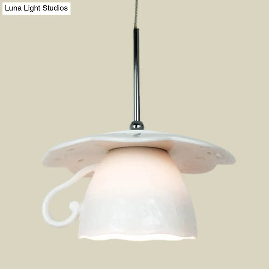 Nordic White Led Ceiling Pendant Light For Restaurants - 1-Light With Coffee Cup Ceramics Shade