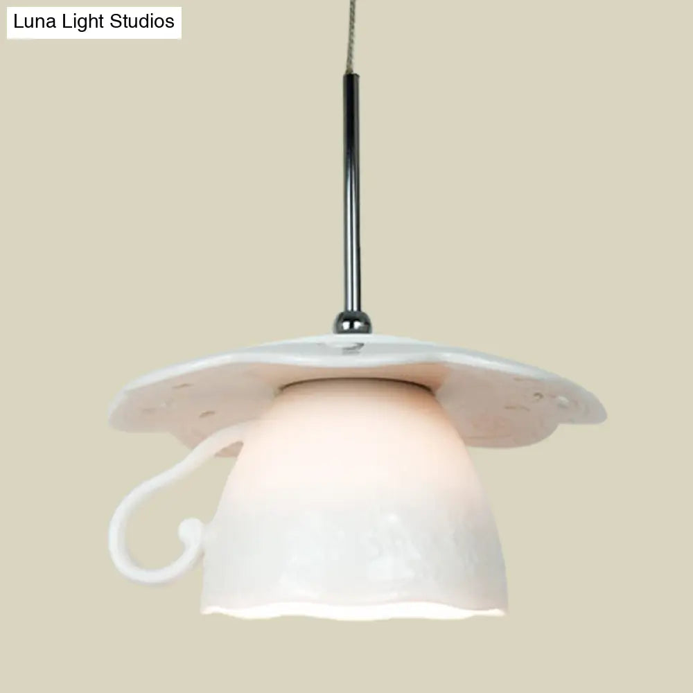 1-Light Nordic White Led Ceiling Suspension Fixture With Coffee Cup Ceramics Shade For Restaurants