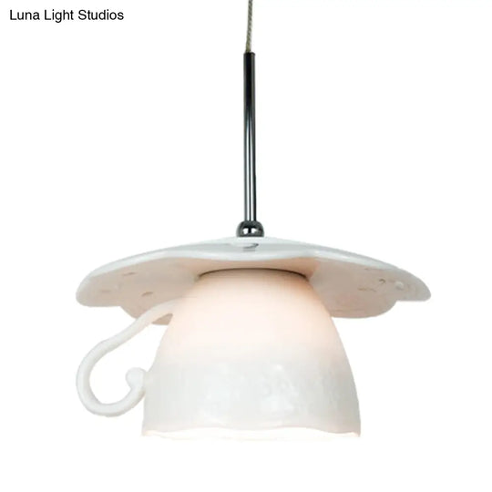 Nordic White Led Ceiling Pendant Light For Restaurants - 1-Light With Coffee Cup Ceramics Shade