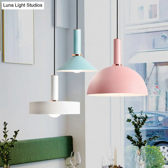 1-Light Pink/Blue Pendant Light With Aluminum Dome/Cone Drop Design Perfect For Restaurants