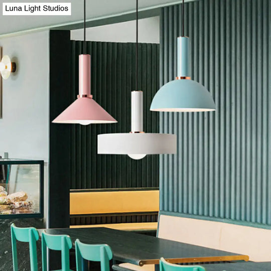 1-Light Pink/Blue Pendant Light With Aluminum Dome/Cone Drop Design Perfect For Restaurants