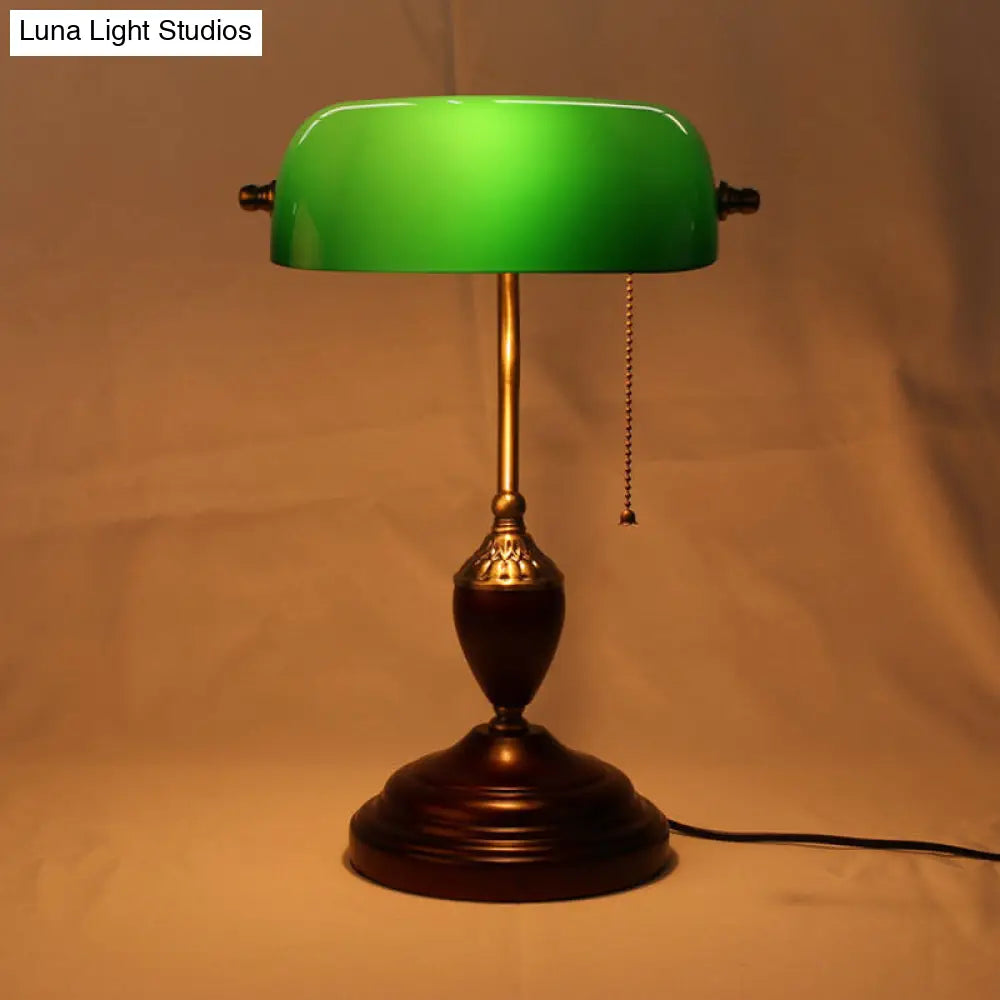 1-Light Red Brown Retro Table Lamp With Green Glass Half Cylinder And Pull Chain