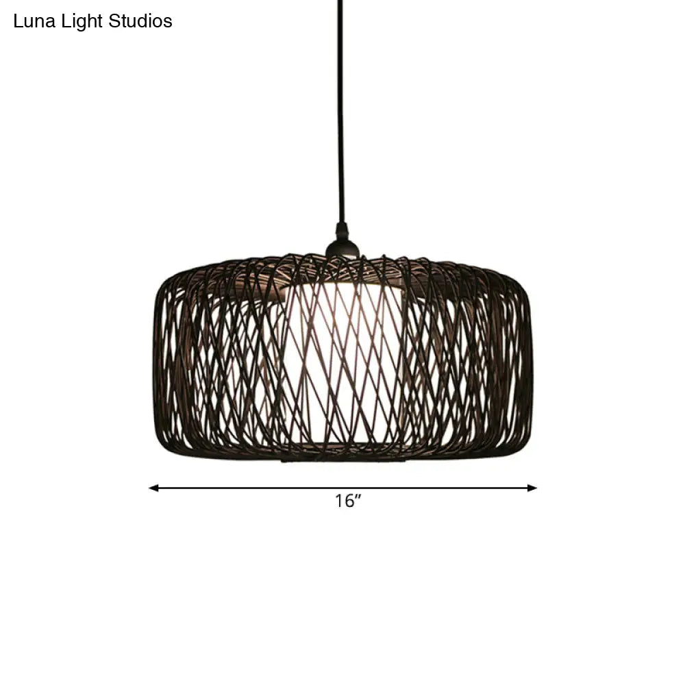 1-Light Restaurant Hanging Bamboo Drum Pendant Lamp 16’’/23.5’’ Wide Black Shade Fixture