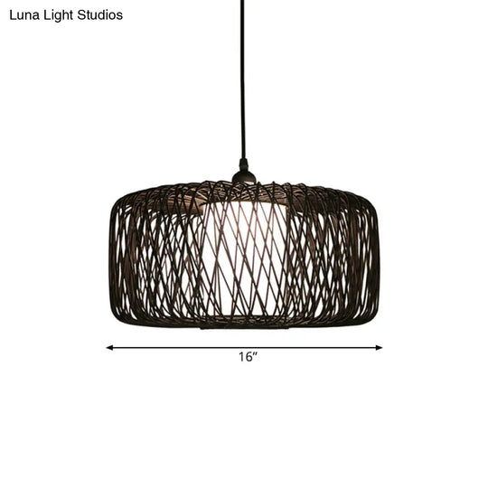 1-Light Restaurant Hanging Bamboo Drum Pendant Lamp 16’’/23.5’’ Wide Black Shade Fixture