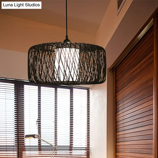 Contemporary Restaurant Hanging Lamp With Bamboo Shade- Black Pendant Light Fixture 16/23.5 Wide