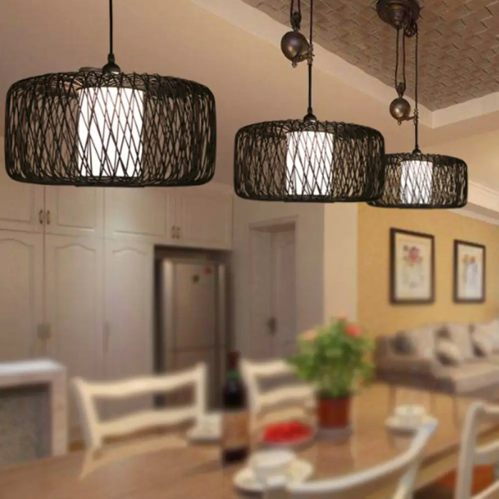 Contemporary Restaurant Hanging Lamp With Bamboo Shade- Black Pendant Light Fixture 16/23.5 Wide