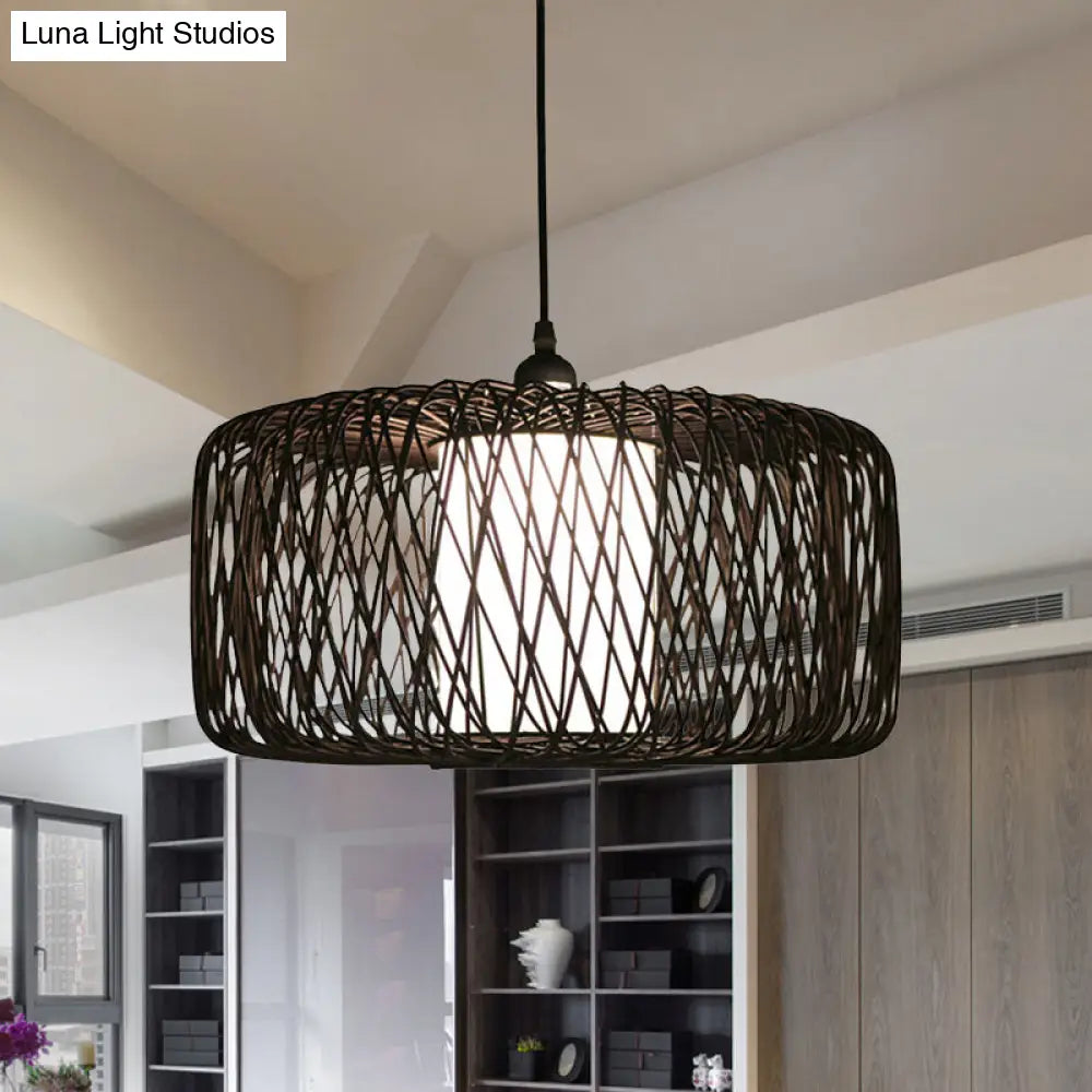 Contemporary Restaurant Hanging Lamp With Bamboo Shade- Black Pendant Light Fixture 16/23.5 Wide