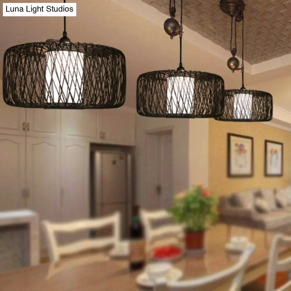 1-Light Restaurant Hanging Bamboo Drum Pendant Lamp 16’’/23.5’’ Wide Black Shade Fixture