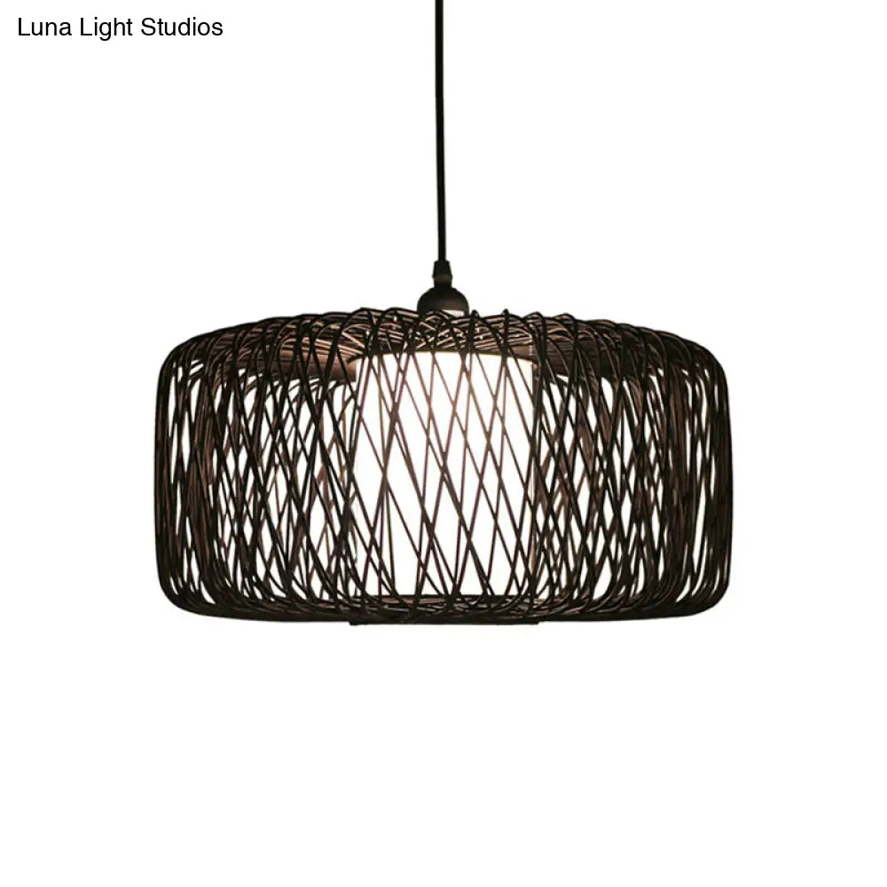 Contemporary Restaurant Hanging Lamp With Bamboo Shade- Black Pendant Light Fixture 16/23.5 Wide