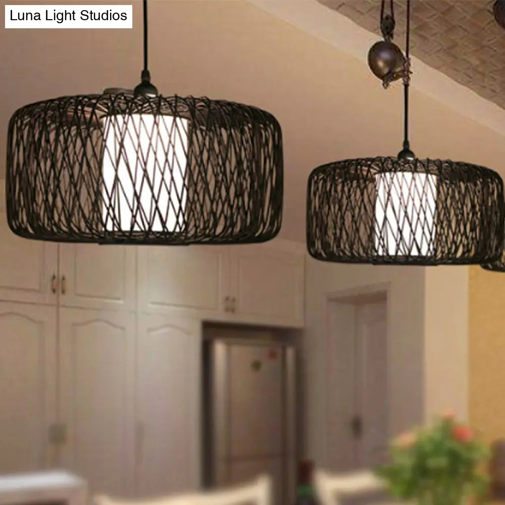 1-Light Restaurant Hanging Bamboo Drum Pendant Lamp 16’’/23.5’’ Wide Black Shade Fixture