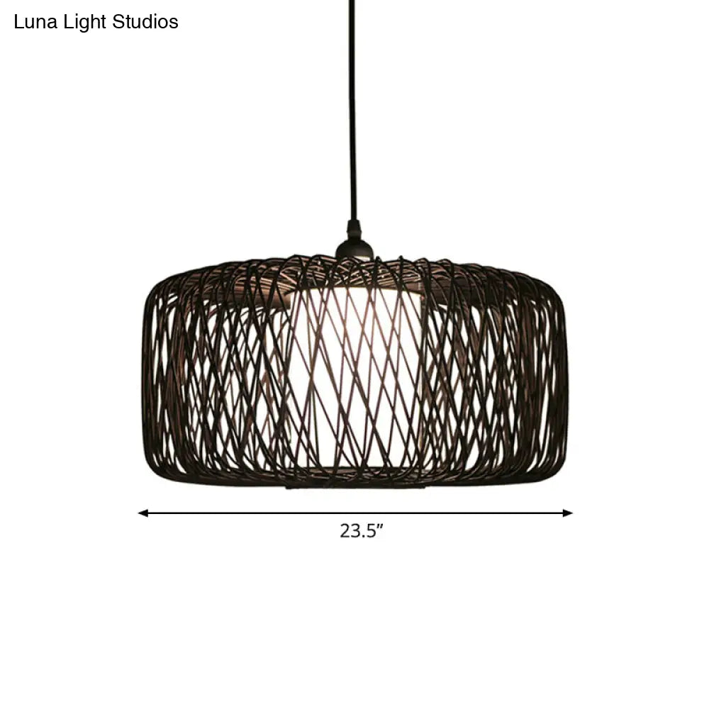 1-Light Restaurant Hanging Bamboo Drum Pendant Lamp 16’’/23.5’’ Wide Black Shade Fixture