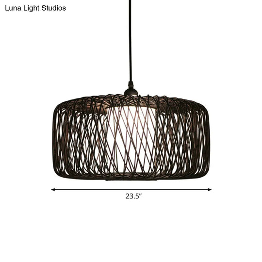 1-Light Restaurant Hanging Bamboo Drum Pendant Lamp 16’’/23.5’’ Wide Black Shade Fixture