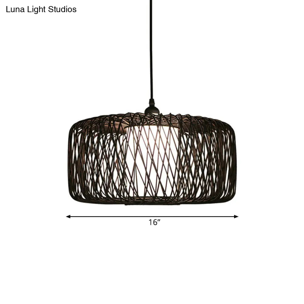 Contemporary Restaurant Hanging Lamp With Bamboo Shade- Black Pendant Light Fixture 16/23.5 Wide